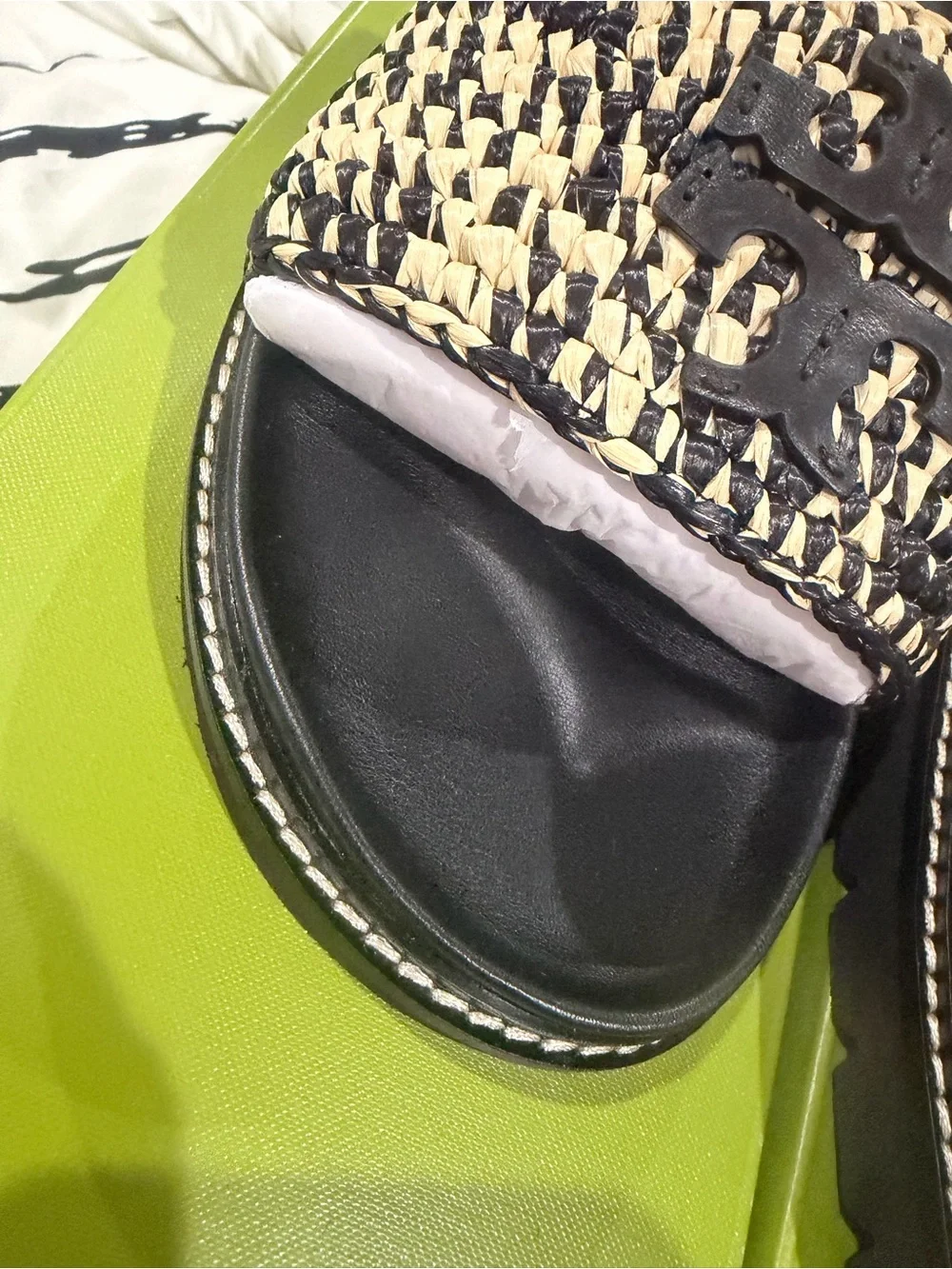 Tory Burch Black & Natural Woven Logo Slide Sandals